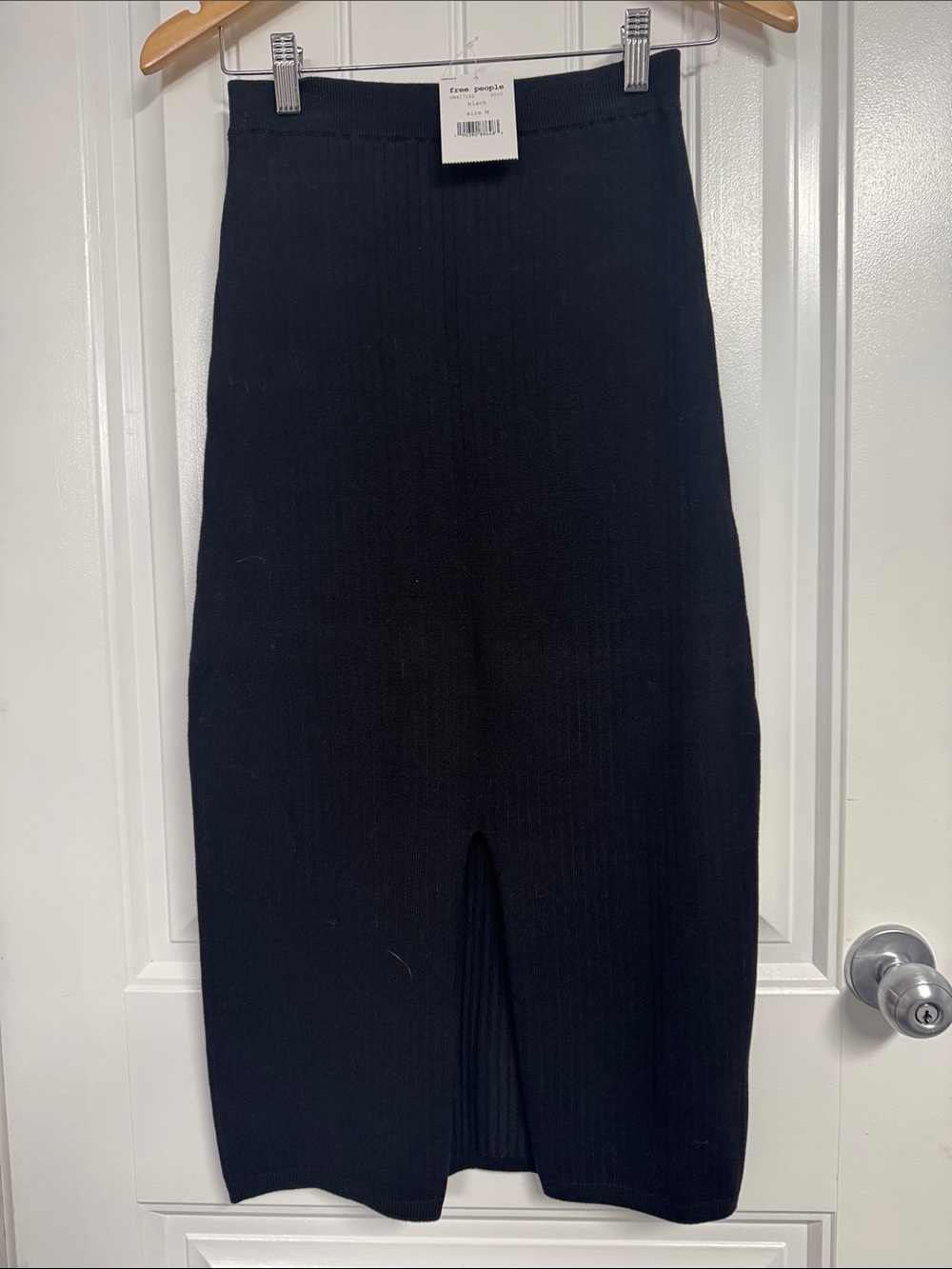 Free People Black Ribbed Midi Skirt with Front Slit